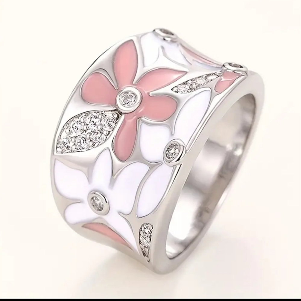 ENAMEL DAISY Floral🌼 & Zircon Wide Band Ring - Picture 4 of 7